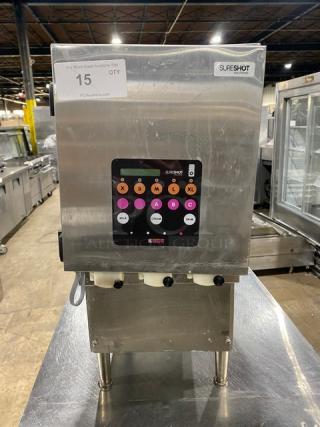 SureShot Solutions Dunkin Donuts Style Commercial Stainless Steel Countertop Refrigerated Milk/Cream Liquid Dispenser! With 3 Hoppers! Model: AC20 SN: 1521-031579! 120V 1 Phase! On Legs!