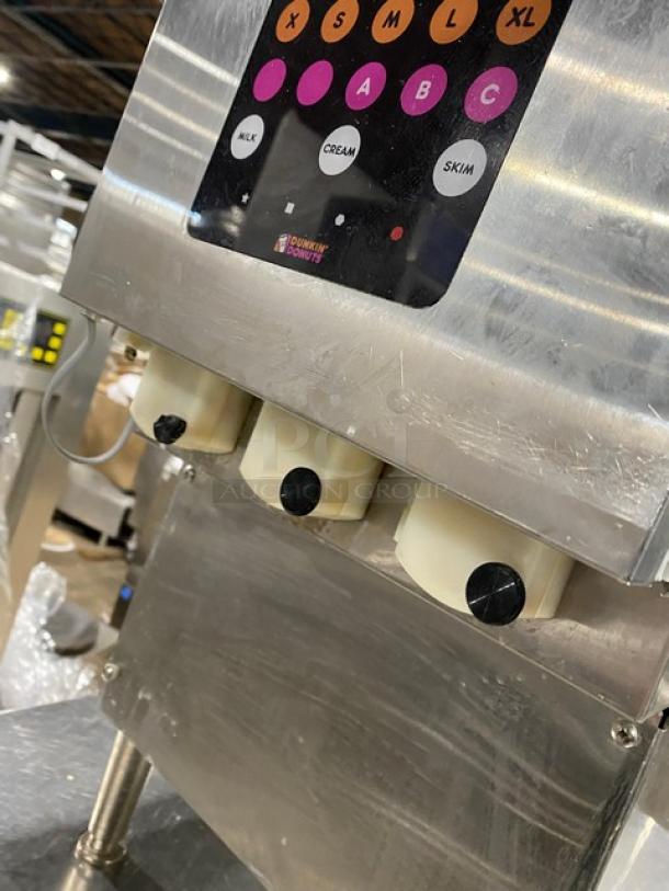 SureShot Solutions Dunkin Donuts Style Commercial Stainless Steel Countertop Refrigerated Milk/Cream Liquid Dispenser! With 3 Hoppers! Model: AC20 SN: 1521-031579! 120V 1 Phase! On Legs! - Image 6 of 9