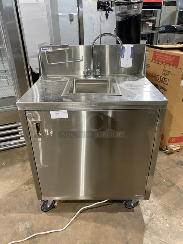 Omcan Commercial Stainless Steel Single Compartment Portable Hand Washing Sink Station! With Water Heater Tank & Pump! With 9.5" Back Splash & Gooseneck Faucet! With Wall-Mounted Hand Soap Dispenser! With Stainless Steel Paper Towel Rack!  Model: 46788! On Casters! - Image 1 of 9