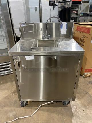 Omcan Commercial Stainless Steel Single Compartment Portable Hand Washing Sink Station! With Water Heater Tank & Pump! With 9.5" Back Splash & Gooseneck Faucet! With Wall-Mounted Hand Soap Dispenser! With Stainless Steel Paper Towel Rack!  Model: 46788! On Casters!
