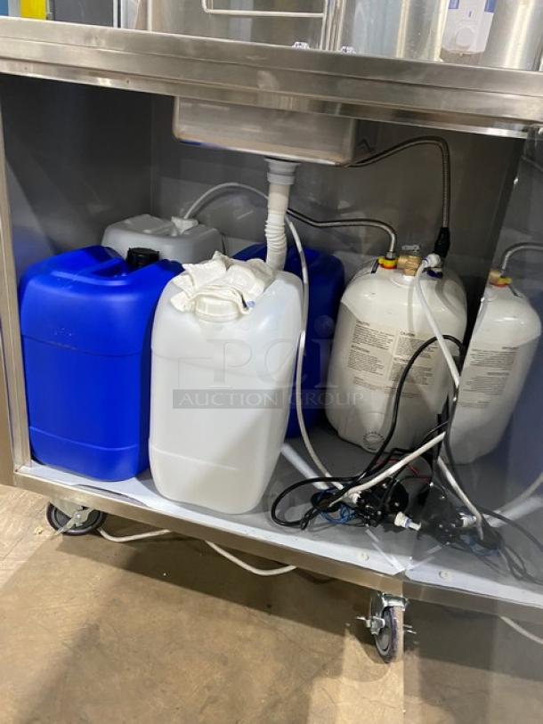 Omcan Commercial Stainless Steel Single Compartment Portable Hand Washing Sink Station! With Water Heater Tank & Pump! With 9.5" Back Splash & Gooseneck Faucet! With Wall-Mounted Hand Soap Dispenser! With Stainless Steel Paper Towel Rack!  Model: 46788! On Casters! - Image 7 of 9