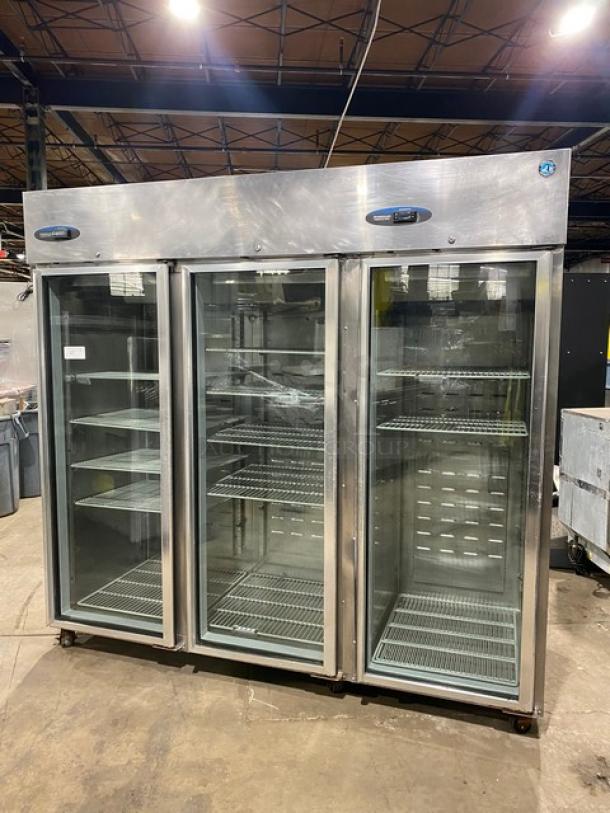 Hoshizaki Commercial Stainless Steel Triple Glass Door Reach In Refrigerator Merchandiser! With Poly Coated Wire Racks! Model: CR3S-FGYCR SN: F60032B! 115V 1 Phase! On Casters! - Image 1 of 9
