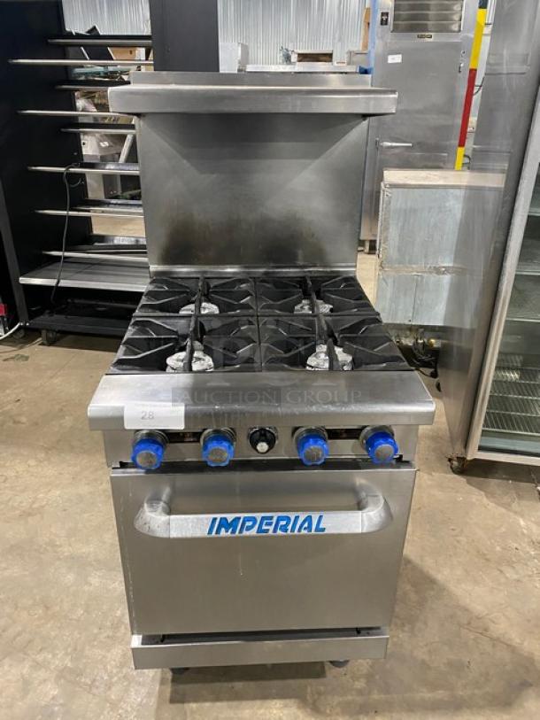 Imperial Commercial Stainless Steel Natural Gas Powered 4 Burner Range & Oven Combo! With Back Splash & Overhead Salamander Shelf! With Wire Oven Rack! On Legs! - Image 1 of 9