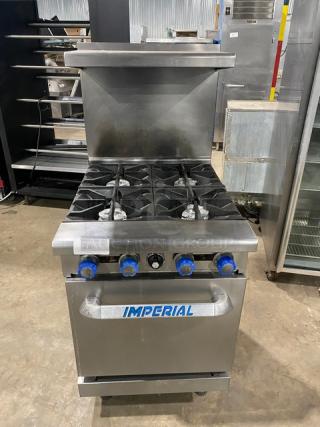 Imperial Commercial Stainless Steel Natural Gas Powered 4 Burner Range & Oven Combo! With Back Splash & Overhead Salamander Shelf! With Wire Oven Rack! On Legs!