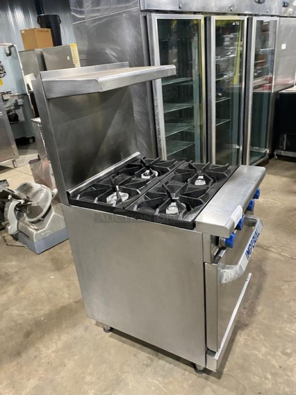 Imperial Commercial Stainless Steel Natural Gas Powered 4 Burner Range & Oven Combo! With Back Splash & Overhead Salamander Shelf! With Wire Oven Rack! On Legs! - Image 2 of 9