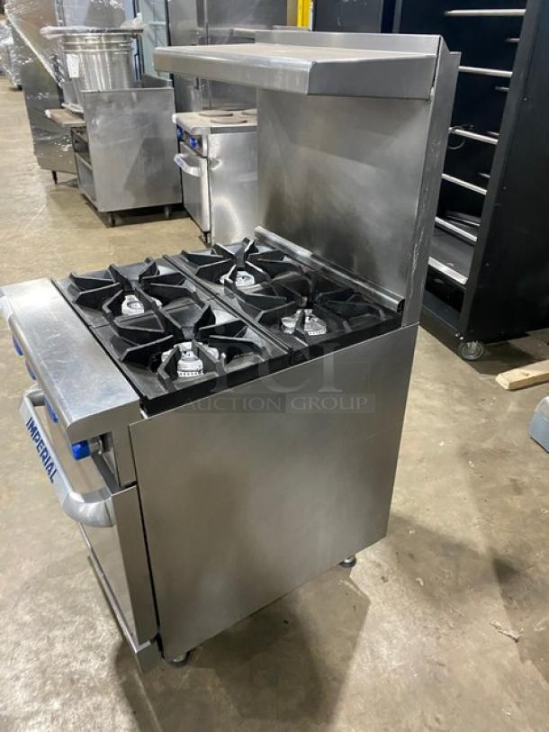 Imperial Commercial Stainless Steel Natural Gas Powered 4 Burner Range & Oven Combo! With Back Splash & Overhead Salamander Shelf! With Wire Oven Rack! On Legs! - Image 4 of 9