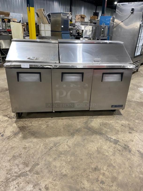True Commercial Stainless Steel 3 Door Refrigerated Bain Marie Style Mega Top Salad/Sandwich Prep Table! With Poly Coated Wire Racks! Model: TSSU-72-18 SN: 1-4477571! 115V 1 Phase! On Casters! - Image 1 of 9