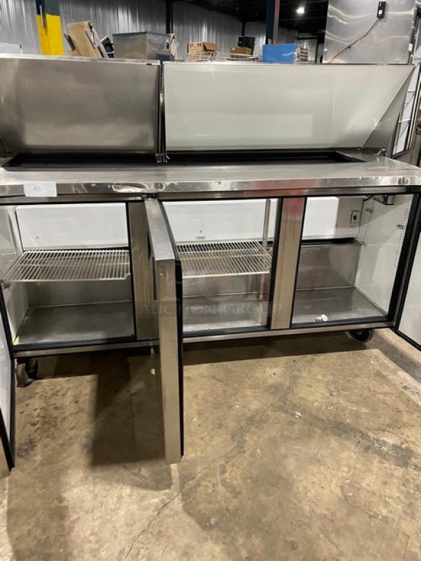 True Commercial Stainless Steel 3 Door Refrigerated Bain Marie Style Mega Top Salad/Sandwich Prep Table! With Poly Coated Wire Racks! Model: TSSU-72-18 SN: 1-4477571! 115V 1 Phase! On Casters! - Image 5 of 9