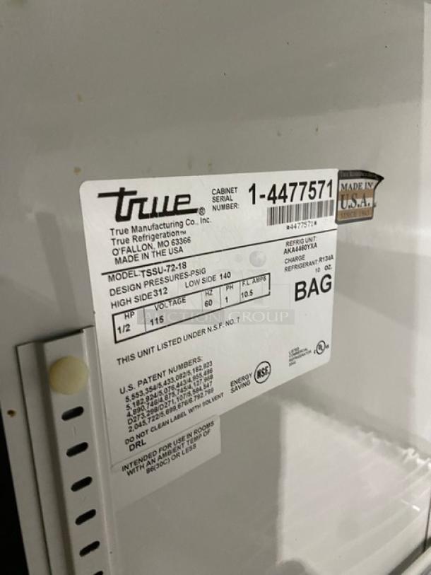 True Commercial Stainless Steel 3 Door Refrigerated Bain Marie Style Mega Top Salad/Sandwich Prep Table! With Poly Coated Wire Racks! Model: TSSU-72-18 SN: 1-4477571! 115V 1 Phase! On Casters! - Image 8 of 9