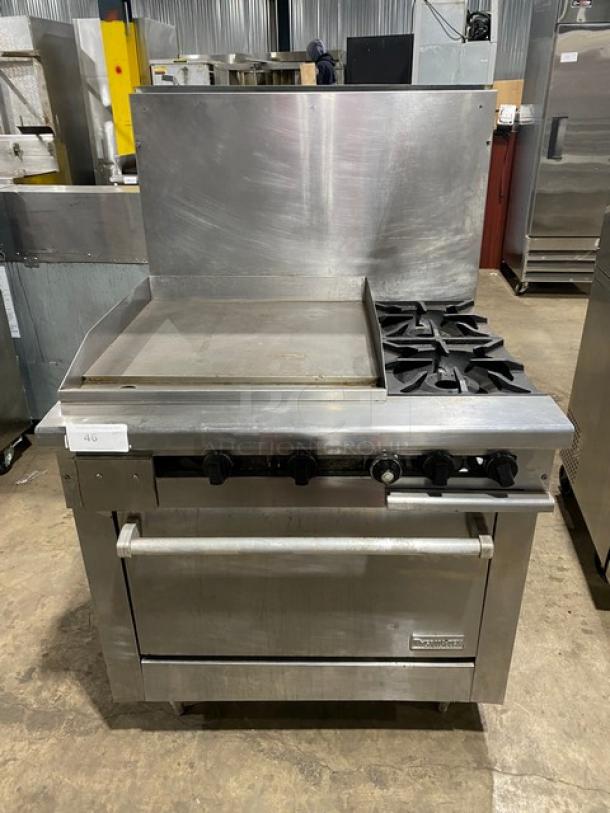 Therma-Tek Commercial Stainless Steel Natural Gas Powered 2 Burner Range Split Top Flat Griddle & Oven Combo! With Back Splash! Model: TMDS36-24G-2-1N SN: 11K02659C! On Legs! - Image 1 of 10