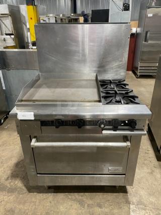 Therma-Tek Commercial Stainless Steel Natural Gas Powered 2 Burner Range Split Top Flat Griddle & Oven Combo! With Back Splash! Model: TMDS36-24G-2-1N SN: 11K02659C! On Legs!