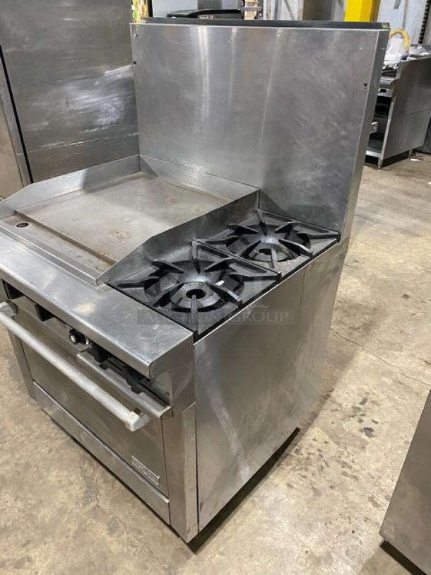 Therma-Tek Commercial Stainless Steel Natural Gas Powered 2 Burner Range Split Top Flat Griddle & Oven Combo! With Back Splash! Model: TMDS36-24G-2-1N SN: 11K02659C! On Legs! - Image 2 of 10