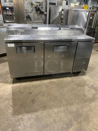 True Commercial Stainless Steel 2 Door Refrigerated Mega Top Pizza Prep Table! With Poly Coated Wire Racks! Model: TPP-67 SN: 7838279! 115V 1 Phase! On Casters!