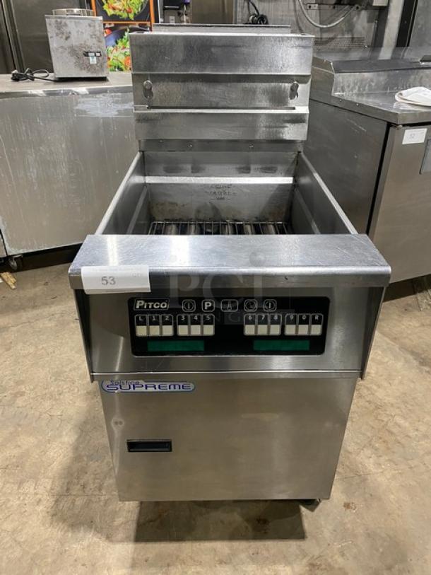 Pitco Solstice Supreme Series Commercial Stainless Steel Natural Gas Powered 75Lb Deep Fat Fryer! Energy Star Certified! With Backsplash & Basket Hanger! Model: SSH75 SN: G18CB091290! 115V! On Casters! - Image 1 of 6