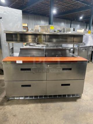 Delfield Commercial Stainless Steel 4 Drawer Refrigerated Bain Marie Style Mega Top Salad/Sandwich Prep Table! With Enclosed Storage Shelf Overhead! With Chopping Block Style Cutting Board! Model: UCD4464N-12-DD5 SN: 1405152001114! 115V 1 Phase! On Casters!