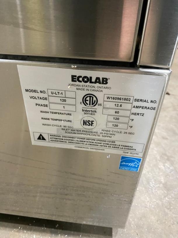 Ecolab Commercial Stainless Steel Undercounter Low Temperature Dishwasher! Energy Star Certified! With Peg Rack! Model: U-LT-1 SN: W160961802! 120V 1 Phase! - Image 7 of 8