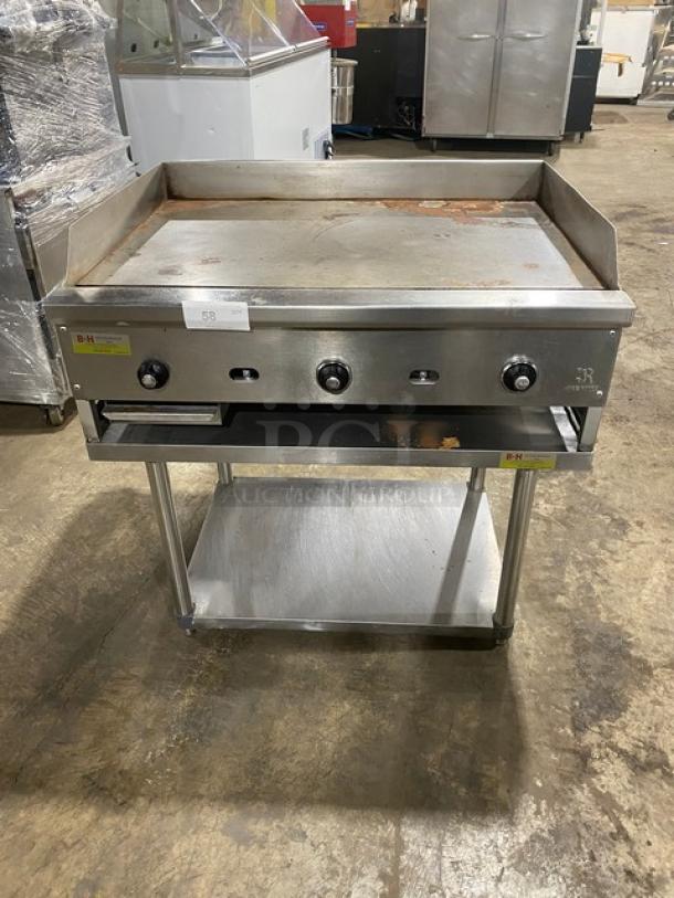 Jade Range Commercial Stainless Steel Natural Gas Powered Countertop Flat Griddle! With Thermostatic Controls! With Back & Side Splash! On Single Shelf Equipment Stand With Legs! - Image 1 of 8