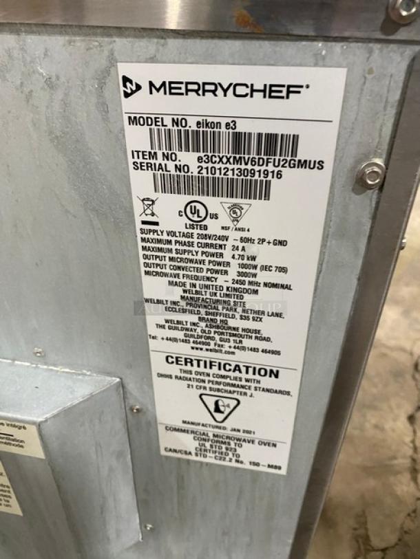 Merrychef! 2021! Commercial Stainless Steel Electric Powered Countertop Rapid Cook Oven! With EasyTouch Icon-Driven Touchscreen! With Baking/Roasting Pan! Model: Eikon E3 SN: 2101213091916! 208/240V 2 Phase +GND! - Image 5 of 8