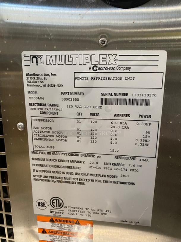 NEW! SCRATCH-N-DENT! Multiplex By Manitowoc Commercial Stainless Steel Soda Factory Remote Refrigeration/Chiller Unit! Model: 2803A04 SN: 1101418170! 120V 1 Phase! - Image 4 of 6