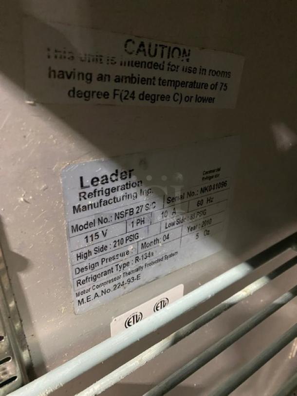 Leader Commercial Stainless Steel Single Door Undercounter Lowboy/Worktop Refrigerator! With Poly Coated Wire Rack! Model: NSFB 27 S/C SN: NK041096! 115V 1 Phase! On Legs! - Image 6 of 7