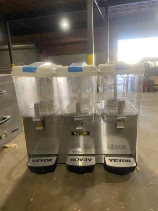 Vevor! Late Model! Commercial Stainless Steel Countertop Cold Beverage Dispenser! With Three 18L Clear Polycarbonate Tanks! With O-Ring & Tank Ring Seals! Model: LYJ18X3! 110V! On Non-Slip Base Feet!
