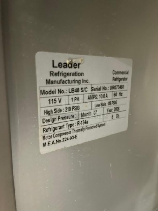 Leader Commercial Stainless Steel 2 Door Refrigerated Undercounter Lowboy/Worktop Cooler! Model: LB48 S/C SN: UR073461! 115V 1 Phase! On Casters! - Image 6 of 7