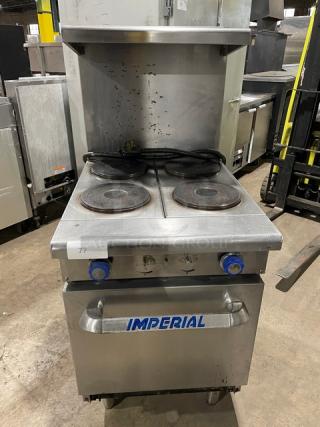 Imperial Commercial Stainless Steel Electric Powered 4 Burner Hot Plate Range/Oven Combo! With Back Splash & Overhead Salamander Shelf! With Wire Oven Rack! On Legs!