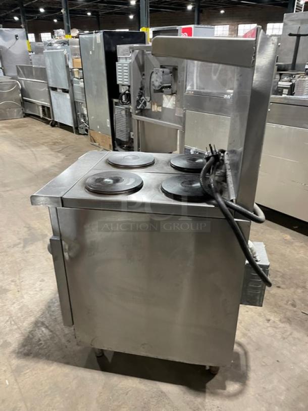 Imperial Commercial Stainless Steel Electric Powered 4 Burner Hot Plate Range/Oven Combo! With Back Splash & Overhead Salamander Shelf! With Wire Oven Rack! On Legs! - Image 2 of 9