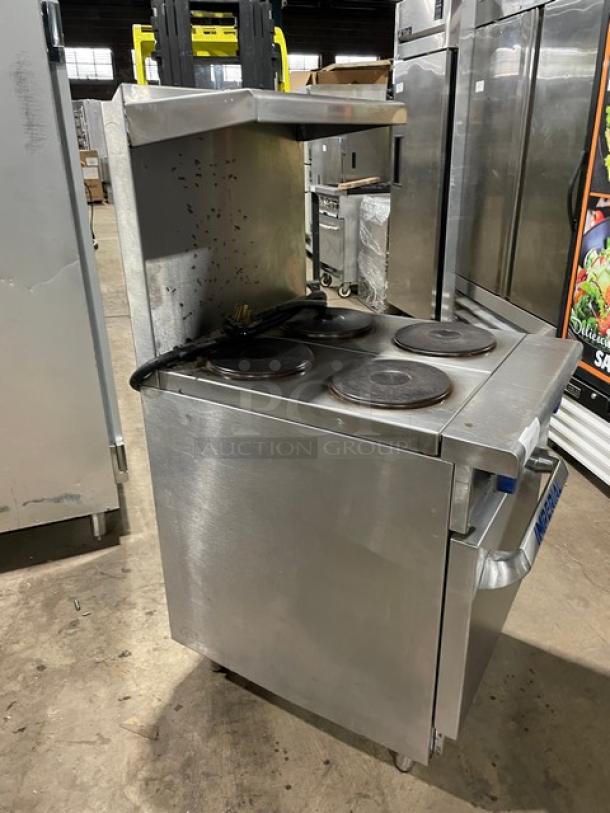 Imperial Commercial Stainless Steel Electric Powered 4 Burner Hot Plate Range/Oven Combo! With Back Splash & Overhead Salamander Shelf! With Wire Oven Rack! On Legs! - Image 4 of 9