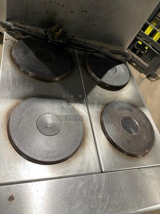 Imperial Commercial Stainless Steel Electric Powered 4 Burner Hot Plate Range/Oven Combo! With Back Splash & Overhead Salamander Shelf! With Wire Oven Rack! On Legs! - Image 5 of 9