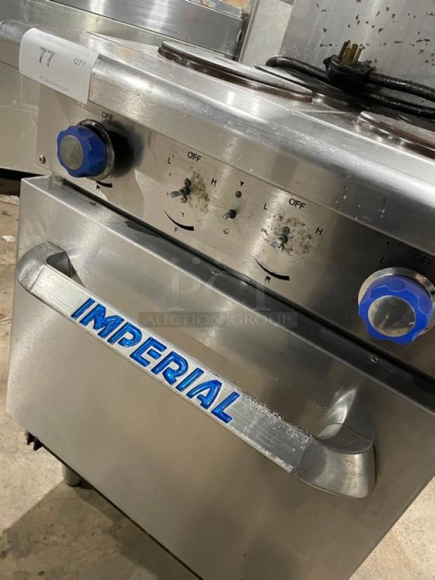 Imperial Commercial Stainless Steel Electric Powered 4 Burner Hot Plate Range/Oven Combo! With Back Splash & Overhead Salamander Shelf! With Wire Oven Rack! On Legs! - Image 8 of 9