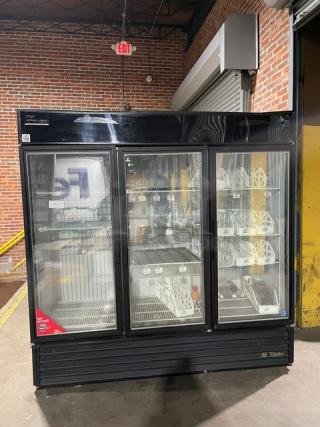 True Commercial Black Triple Glass Swing Door Reach In Freezer Merchandiser! Energy Star Certified! With Poly Coated Wire Racks! Model: GDM-72F-LD SN: 8013562! 115/208-230V 1 Phase!