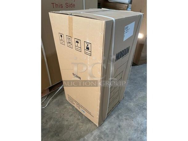 BRAND NEW! IN THE BOX! Nordon Commercial Single Glass Swing Door Mini Countertop Refrigerator Merchandiser! With Customizable LED Lamp Box! With Poly Coated Racks! Model: SC80B! 110/120V 1 Phase! - Image 2 of 8