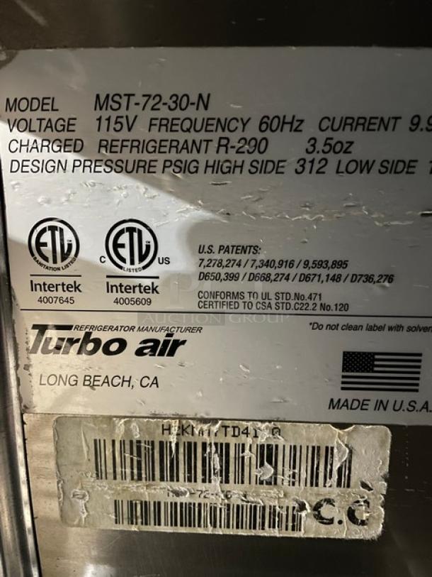 Turbo Air Commercial Stainless Steel 3 Door Refrigerated Bain Maire Style Mega Top Salad/Sandwich Prep Table! With Poly Coated Wire Racks! Model: MST-72-30-N! 115V 1 Phase! On Casters! - Image 5 of 7