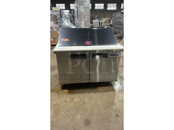 ColdLine! Late Model! Commercial Stainless Steel 2 Door Refrigerated Bain Marie Style Mega Top Salad/Sandwich Prep Table! With Clear Polycarbonate Food Pans! With Removable Cutting Board! On Casters! Working When Removed! - Image 1 of 5