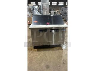 ColdLine! Late Model! Commercial Stainless Steel 2 Door Refrigerated Bain Marie Style Mega Top Salad/Sandwich Prep Table! With Clear Polycarbonate Food Pans! With Removable Cutting Board! On Casters! Working When Removed!