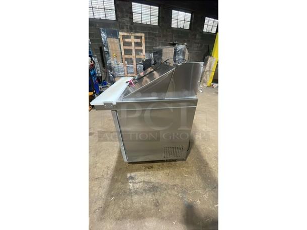 ColdLine! Late Model! Commercial Stainless Steel 2 Door Refrigerated Bain Marie Style Mega Top Salad/Sandwich Prep Table! With Clear Polycarbonate Food Pans! With Removable Cutting Board! On Casters! Working When Removed! - Image 2 of 5