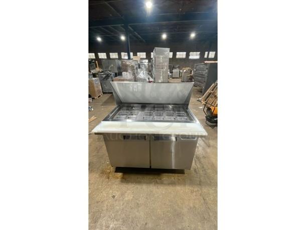 ColdLine! Late Model! Commercial Stainless Steel 2 Door Refrigerated Bain Marie Style Mega Top Salad/Sandwich Prep Table! With Clear Polycarbonate Food Pans! With Removable Cutting Board! On Casters! Working When Removed! - Image 5 of 5