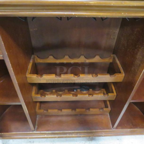 One Circular Wooden Wine Bar With A Black Granite Top, 2 Doors, 2 Drawers, Footrest, 3 Wine Bottle Shelves, And 4 Wine Glass Racks. 59X24X42 - Image 4 of 4