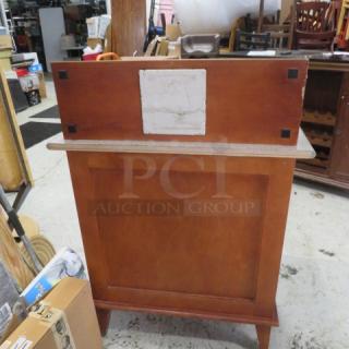 One Wooden 2 Door Hostess Stand With 1 Shelf, And A Cutout In The Top. 34X23.5X48
