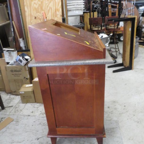 One Wooden 2 Door Hostess Stand With 1 Shelf, And A Cutout In The Top. 34X23.5X48 - Image 2 of 4