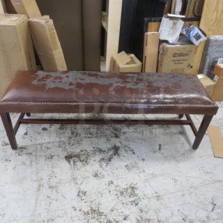 One Wooden Bench With Cushioned Seat And Nail Head Trim. 58.5X18X20