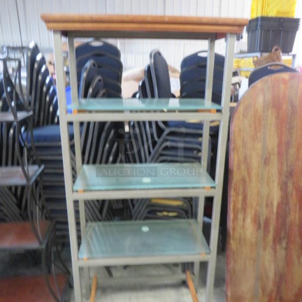 One Decorative Metal/Wood/Glass  Shelving With 4 Shelves. Missing 1 Glass. 31X13.5X70 - Image 1 of 1