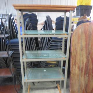 One Decorative Metal/Wood/Glass  Shelving With 4 Shelves. Missing 1 Glass. 31X13.5X70