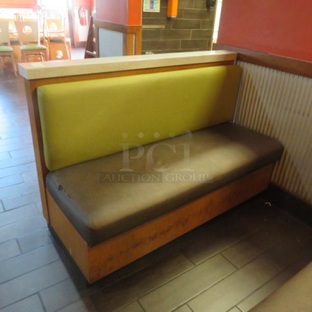 One Single Sided Wooden Booth With A Green Cushioned Back And A Brown Cushioned Seat, And a Finished Back, And Marble Top.    60.5X27X41 - Image 1 of 2