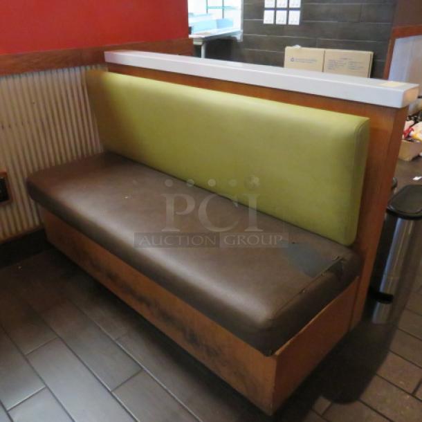 One Single Sided Wooden Booth With A Green Cushioned Back And A Brown Cushioned Seat, And a Finished Back, And Marble Top.    60.5X27X41 - Image 1 of 2