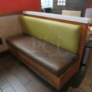 One Single Sided Wooden Booth With A Green Cushioned Back And A Brown Cushioned Seat, And a Finished Back, And Marble Top.    60.5X27X41