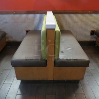One Double Sided Wooden Booth With A Green Cushioned Back And A Brown Cushioned Seat, And Marble Top.    60.5X48X41