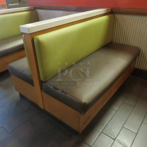 One Double Sided Wooden Booth With A Green Cushioned Back And A Brown Cushioned Seat, And Marble Top.    60.5X48X41 - Image 2 of 4