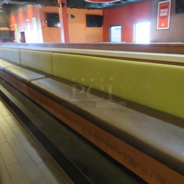 One 27 Foot,  3 Section Single Sided Waiting Bench With Green Cushioned Back And A Brown Cushioned Bottom. 324X27X41 - Image 2 of 3